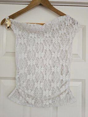 Women's White Lace Crop Top, metalic gold detail, size Small